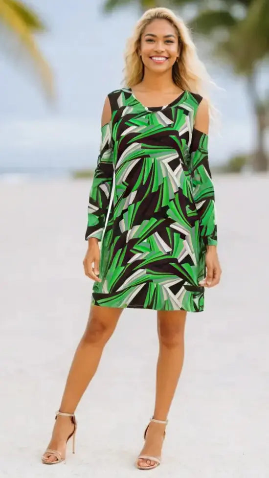 Trendy Cold Shoulder Resort Dress – women’s tunic style geometric print beach dress, long sleeve resort wear, cruise outfit, tropical vacation cover up.
