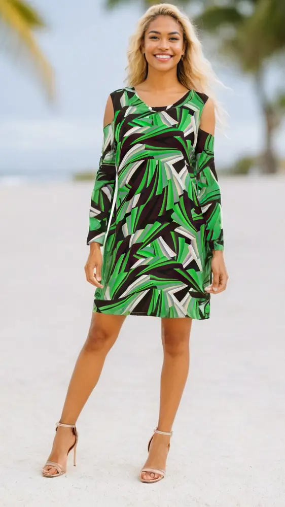 On a sandy beach with palm trees and blue sky, a woman with long wavy blonde hair and a bright smile models the Lamodaclothing Cold Shoulder Resort Dress for Summer Fun, paired with strappy beige high-heeled sandals.