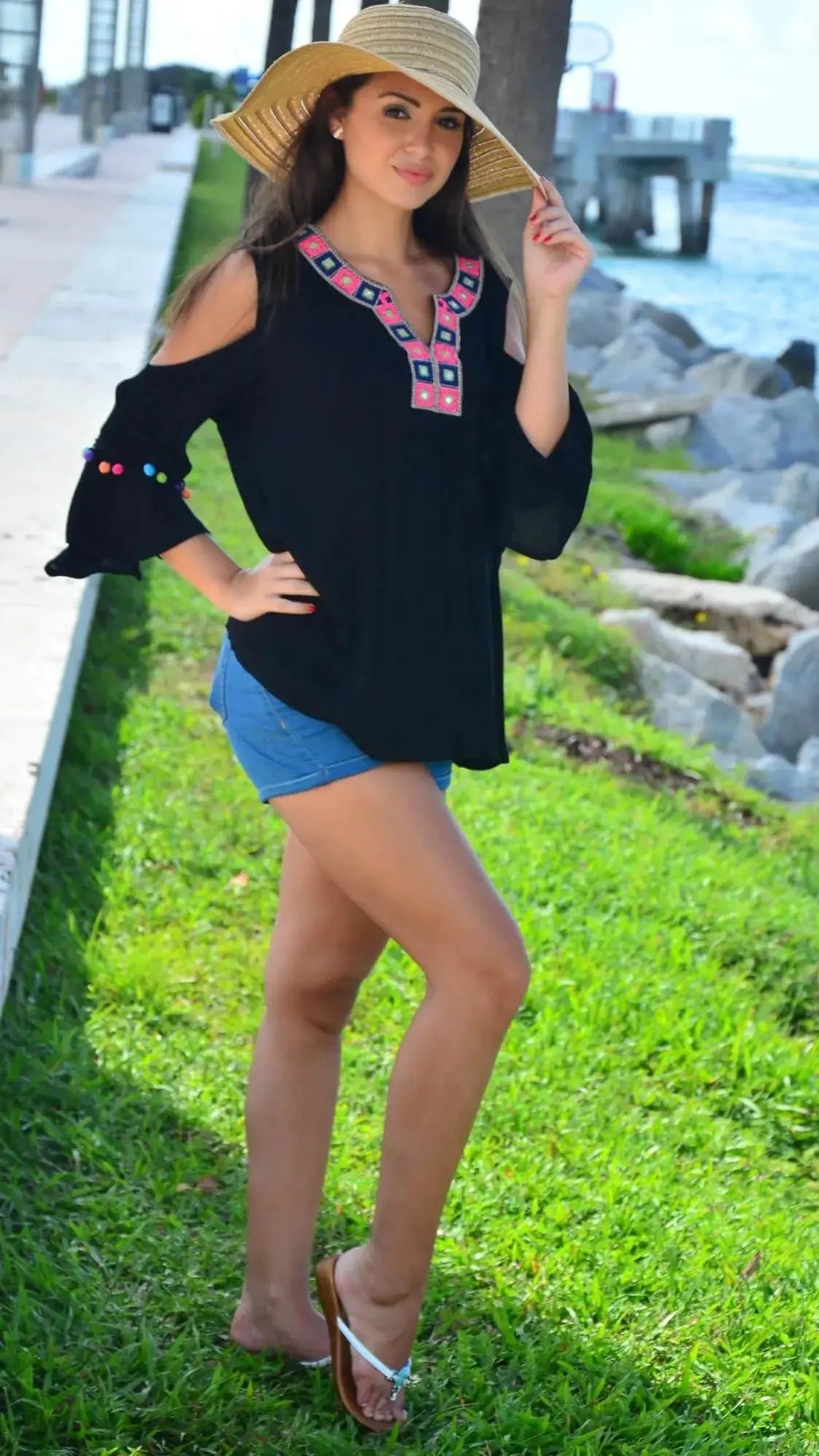 Black Embroidered Cold Shoulder Top with Colorful Pompoms - La Moda Clothings