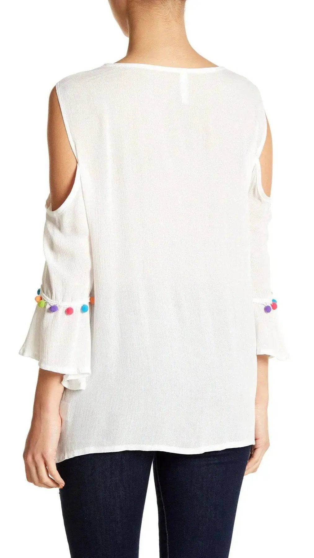 Black Embroidered Cold Shoulder Top with Colorful Pompoms - La Moda Clothings