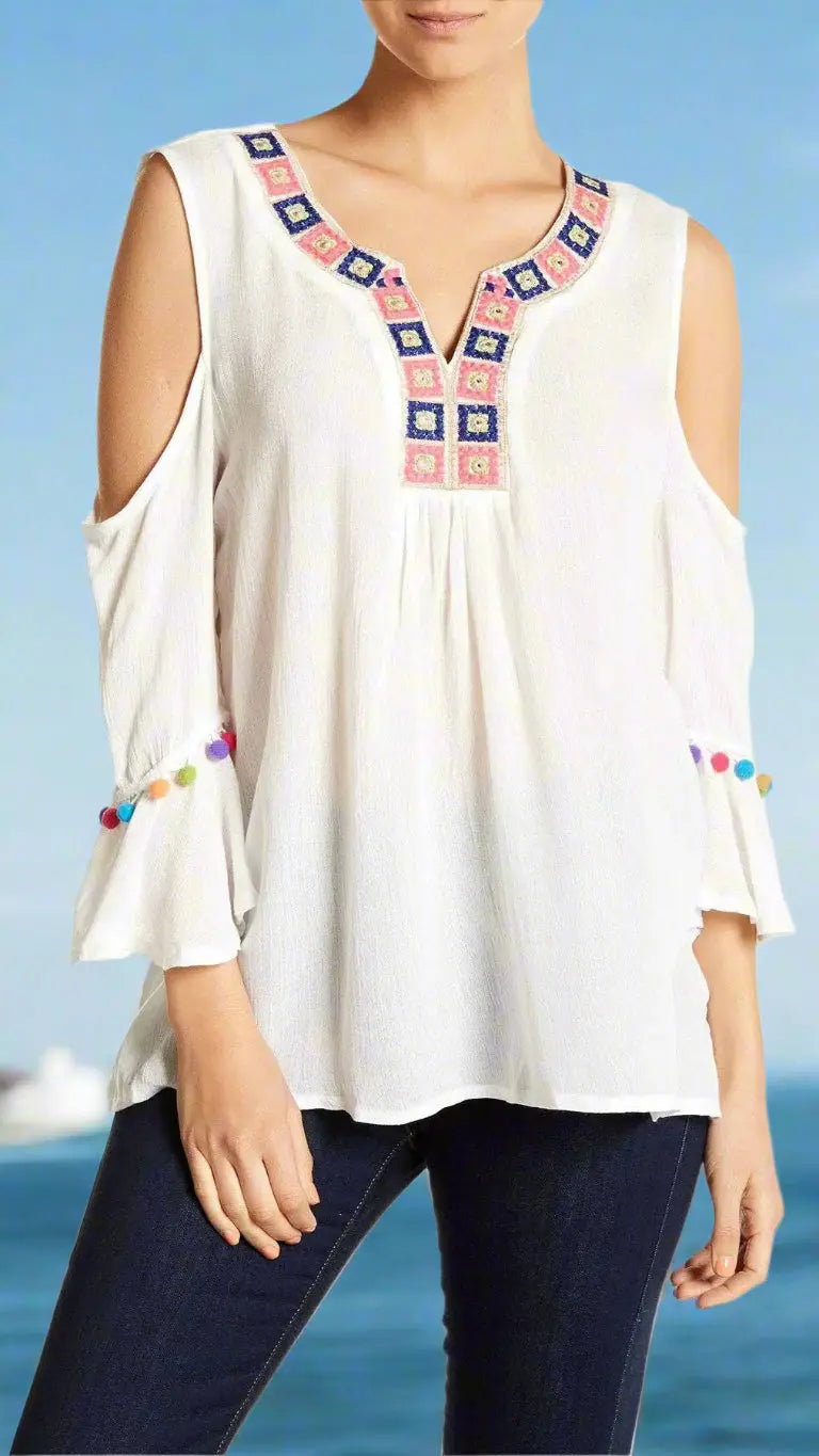 Embroidered Cold Shoulder Beach Top with Colorful Pompoms lamodaclothings