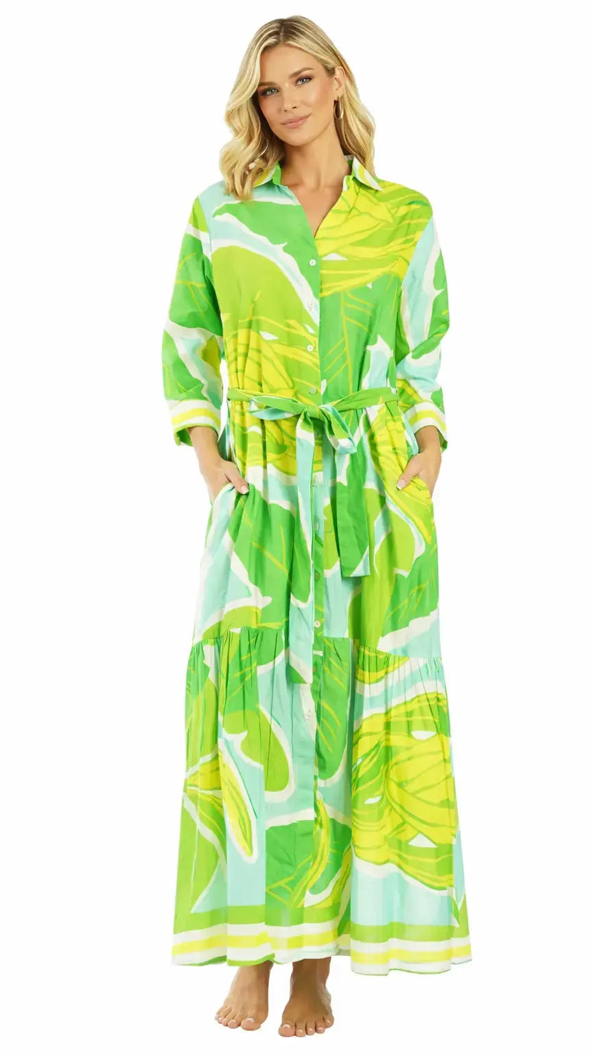 Green Tropical Maxi Shirt Dress – Luxury Resort Wear Vacation Dress - Designer Dresses | Elegant Kaftan Cover Up Dress | Club Moda USA