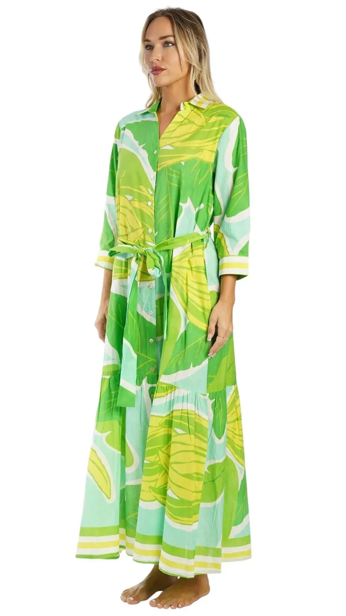 Green Tropical Maxi Shirt Dress – Luxury Resort Wear Vacation Dress Club Moda Dresses