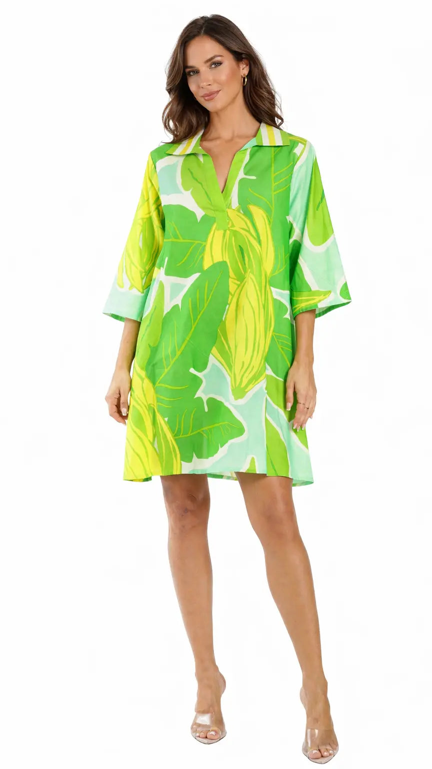 Green Tropical Tunic Dress – Luxury Resort Wear Vacation Cover Up Club Moda Tunics