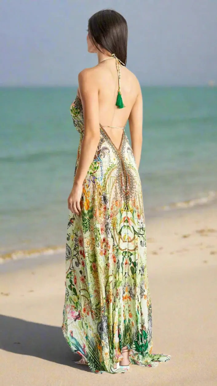 Women's halter high low maxi resort dress, elegant halter maxi dress with high low hemline, tropical vacation maxi dress, beachside dinner summer dress, resort wear halter maxi dress Club Moda