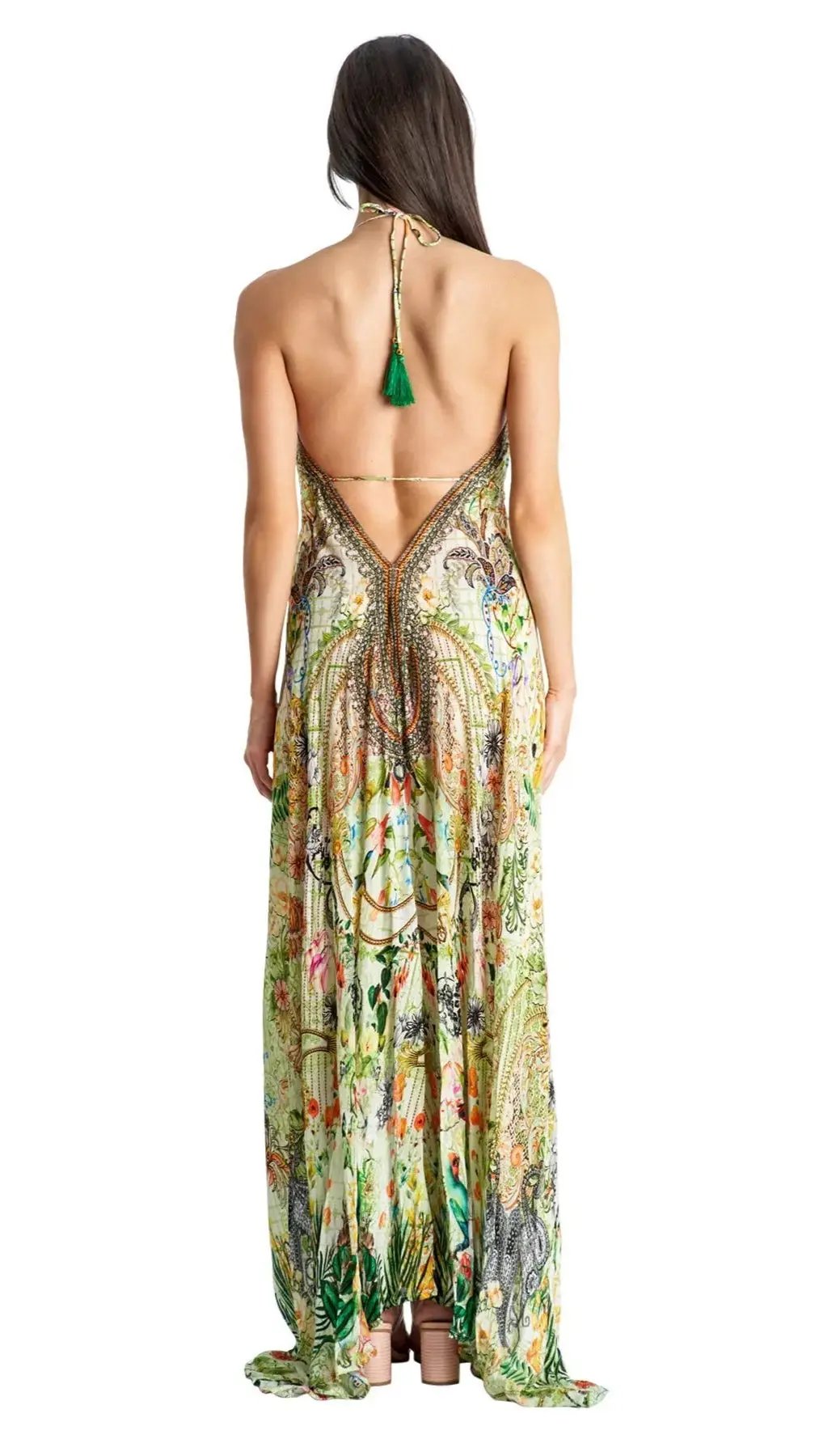 Women's halter high low maxi resort dress, elegant halter maxi dress with high low hemline, tropical vacation maxi dress, beachside dinner summer dress, resort wear halter maxi dress Club Moda