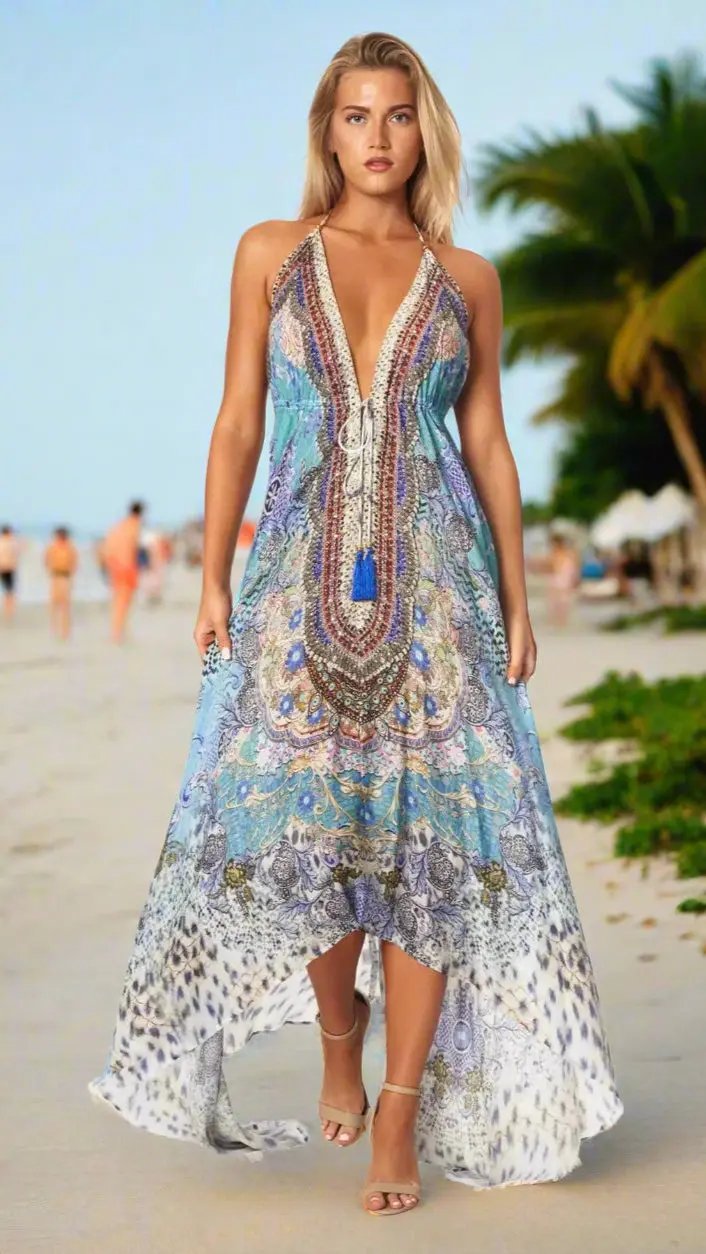 A blonde woman strolls confidently on a sandy beach in the Lamodaclothing Halter Neck Backless Resort Dress, featuring blue, white, and beige patterns. Palm trees, greenery, and blurred beachgoers are visible under a clear sky.