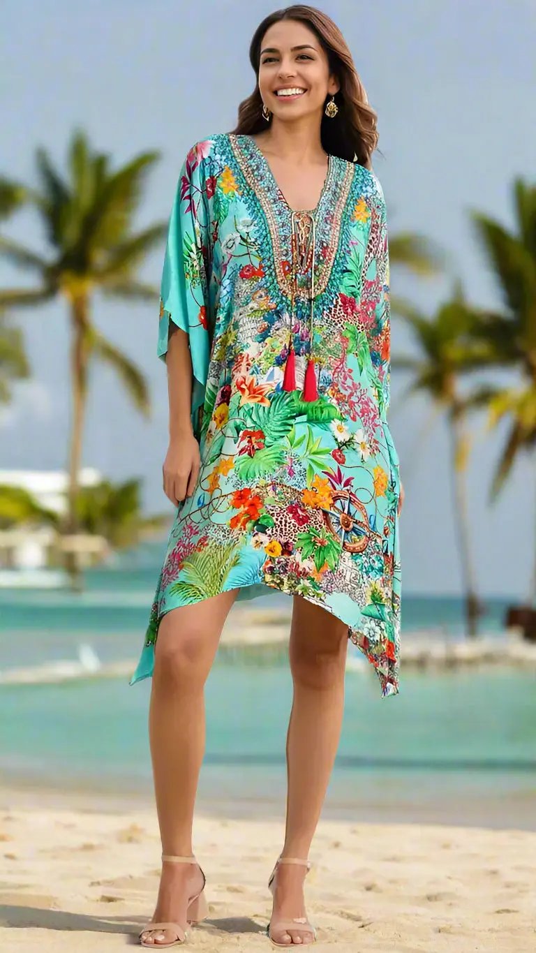 A smiling woman stands on a sandy beach in a floral Kaftans for Resort Wear dress by La Moda Clothing, featuring red tassels. She pairs it with gold earrings and sandals, with palm trees and turquoise water behind her under a clear sky.