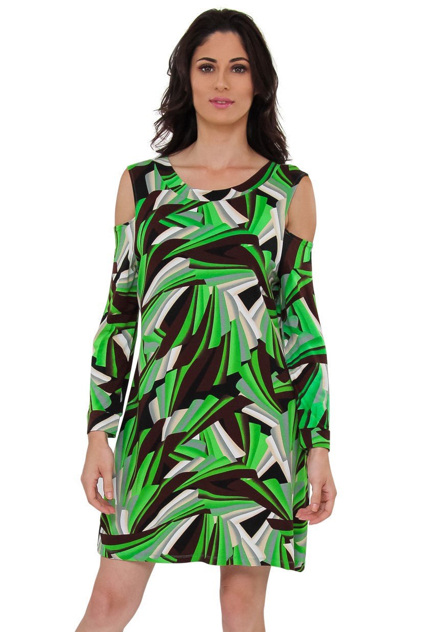 Trendy Cold Shoulder Resort Dress – women’s tunic style geometric print beach dress, long sleeve resort wear, cruise outfit, tropical vacation cover up.