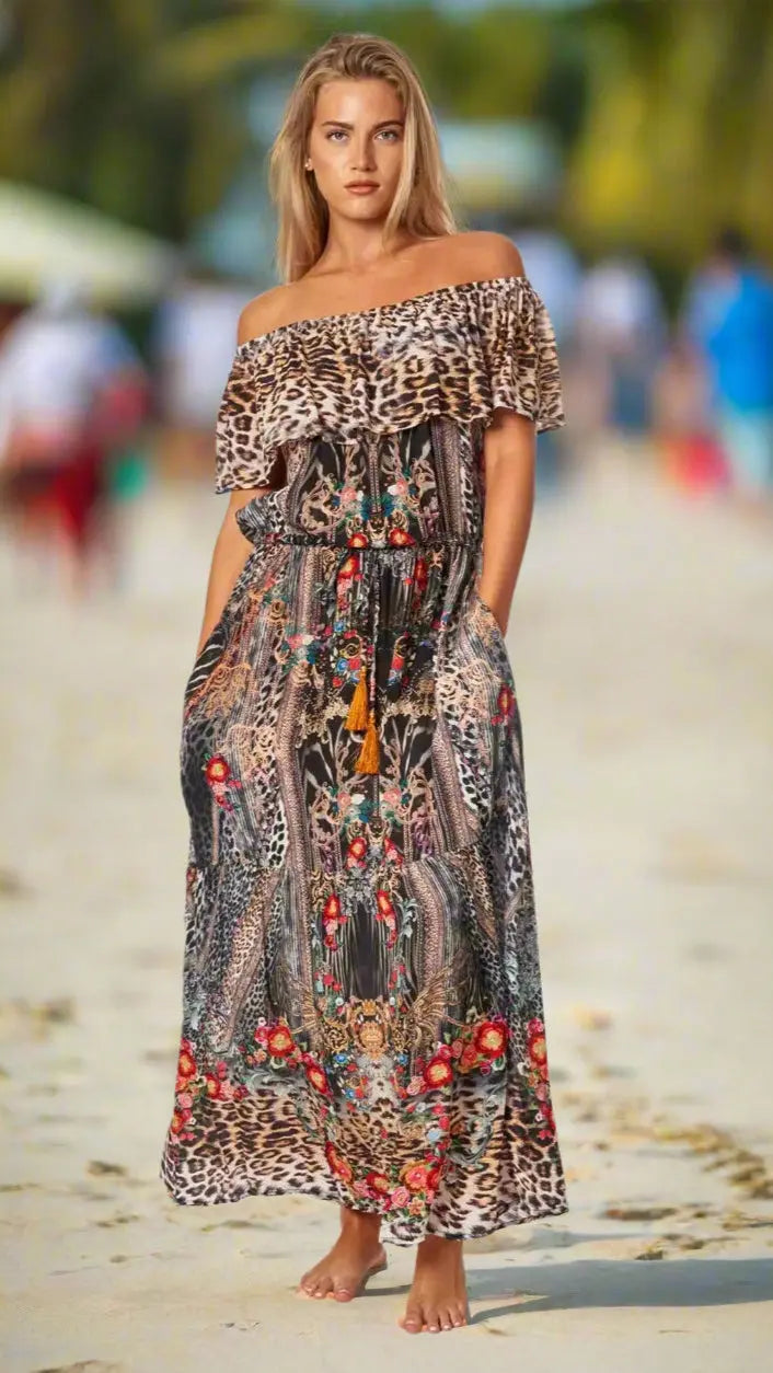 Eclectic Jungle Long Off the Shoulder Dress - La Moda Clothing