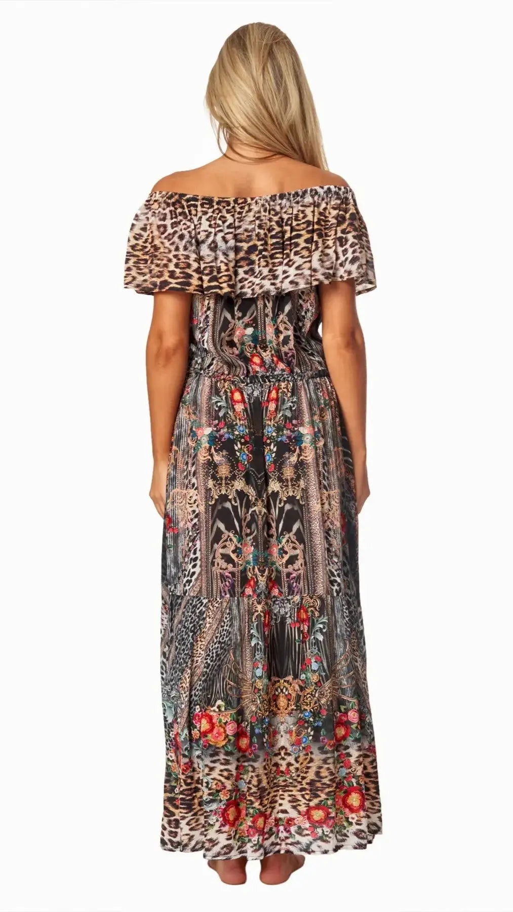 Eclectic Jungle Long Off the Shoulder Dress - La Moda Clothing