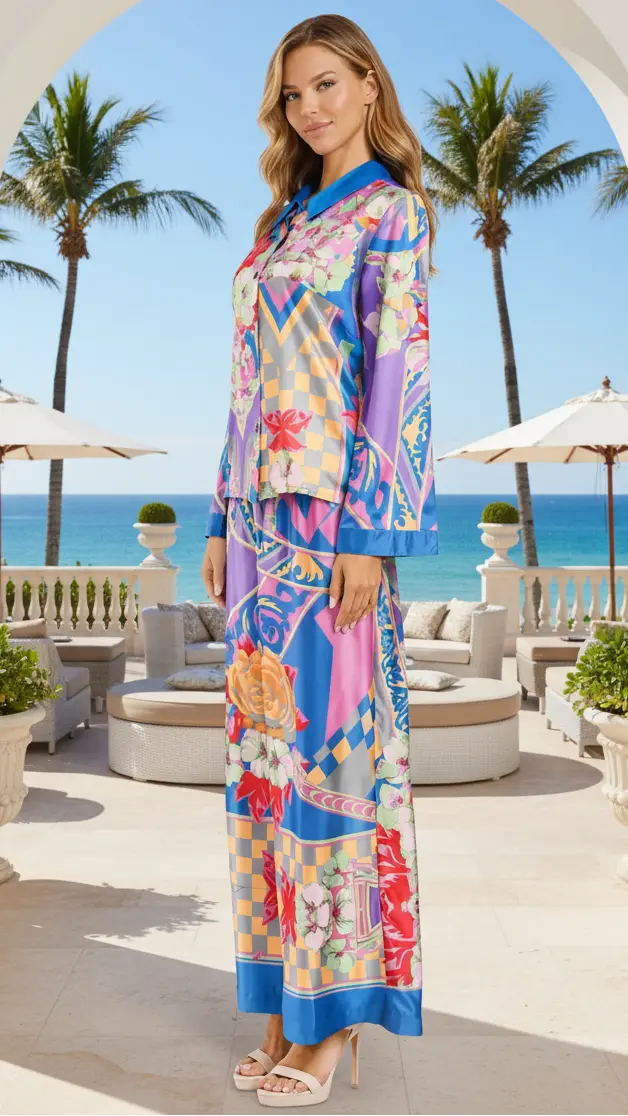 Luxury Resort Wear Set – Tropical Vacation Shirt & Palazzo Pants | Club Moda - Designer cord set | Elegant Kaftan Cover Up Dress | Club Moda USA
