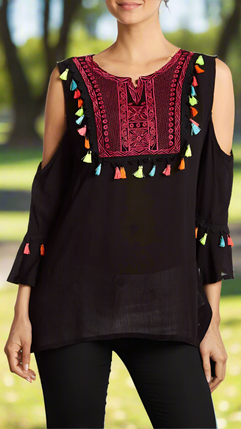 Black Embroidered Cold Shoulder Beach Top with Colorful Tassels La Moda Clothing