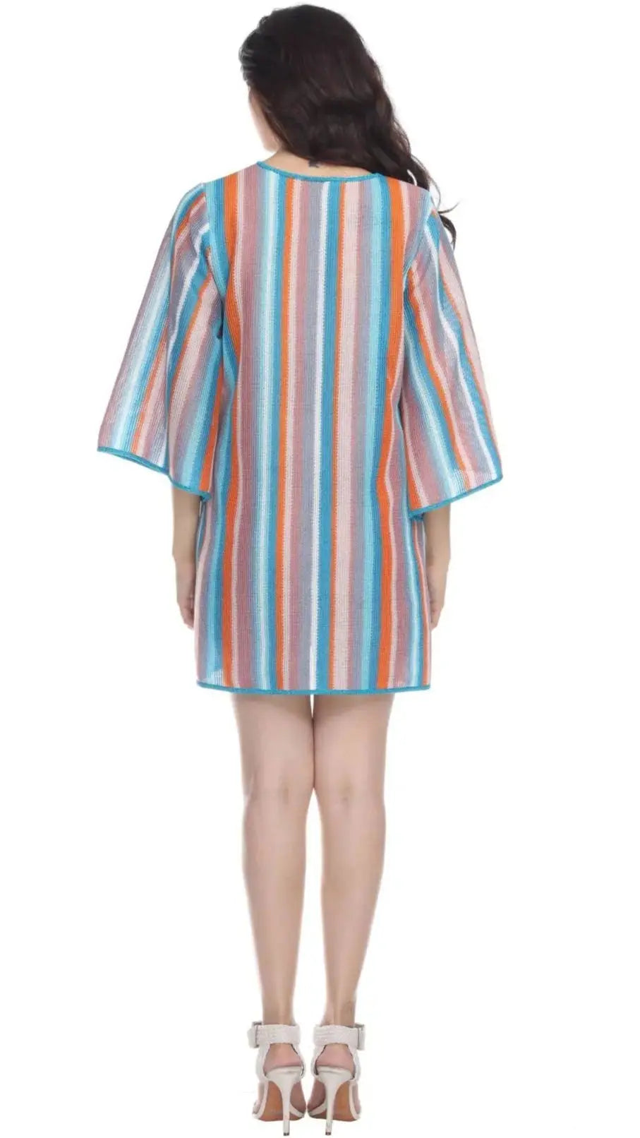 Multi-Color Stripe Pattern Beach Cover-Up Tunic Lamodaclothing Coverups