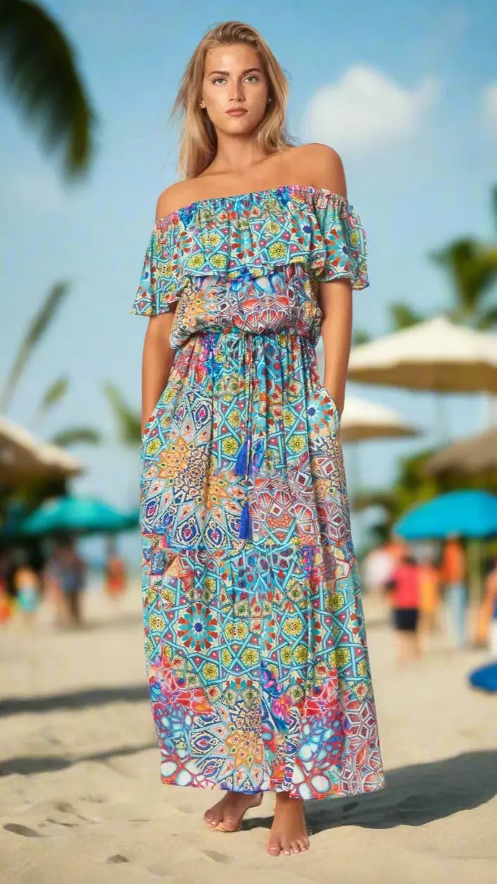 A woman stands barefoot on a sandy beach, confidently wearing the La Moda Clothings Off the Shoulder Maxi Dress with ruffles and pockets. Palm trees and sun umbrellas blur behind her under a blue sky.