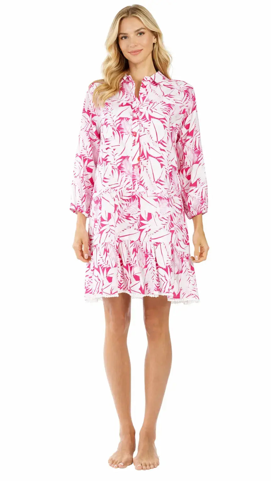 Pink Tropical Print Mini Dress – Luxury Resort Wear Vacation Dress - Designer Mini Dress | Elegant Kaftan Cover Up Dress | Club Moda USA