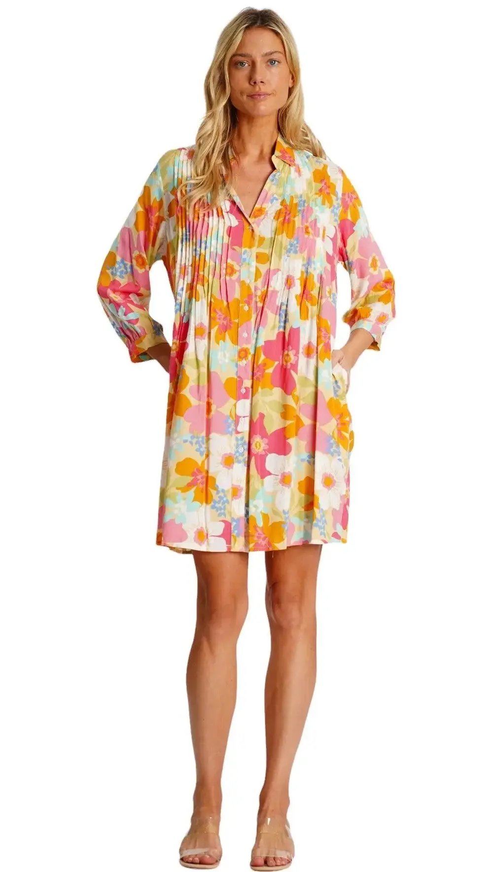 Pleated Mini Shirtdress La Moda Clothing