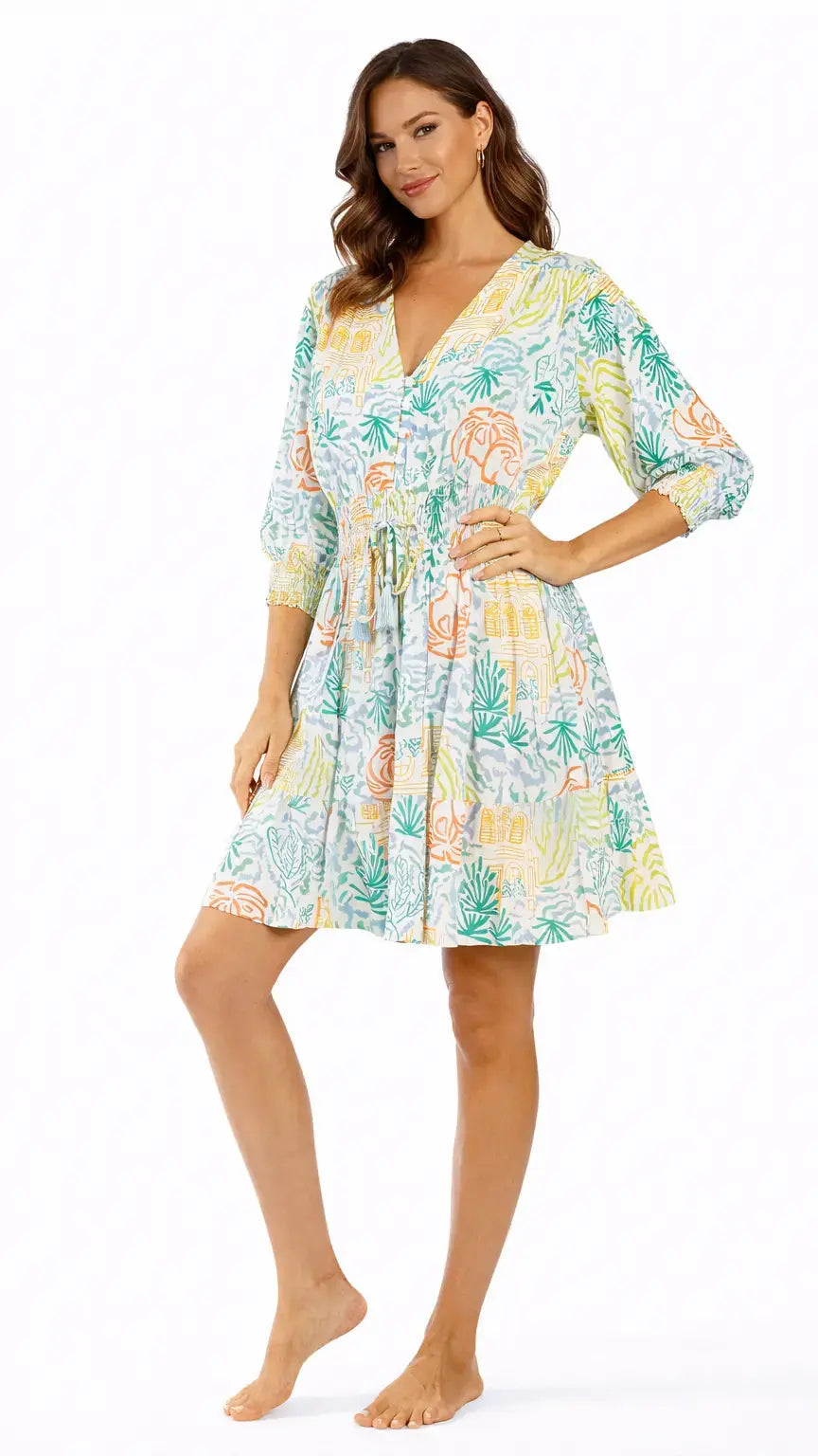 Resort Wear Mini Dress – Tropical Print Luxury Vacation Dress - Designer Mini Dress | Elegant Kaftan Cover Up Dress | Club Moda USA