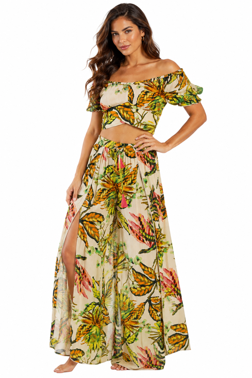 Green jungle-leaf crop top and wide-leg pants set by Club Moda — back view