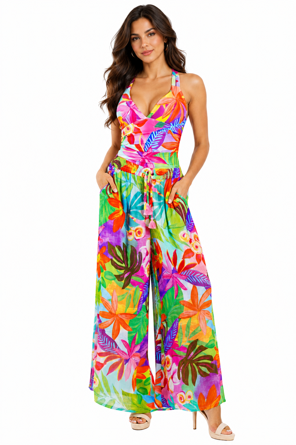 Tropical floral beach cover-up pants styled over a bikini by Club Moda — full-length view