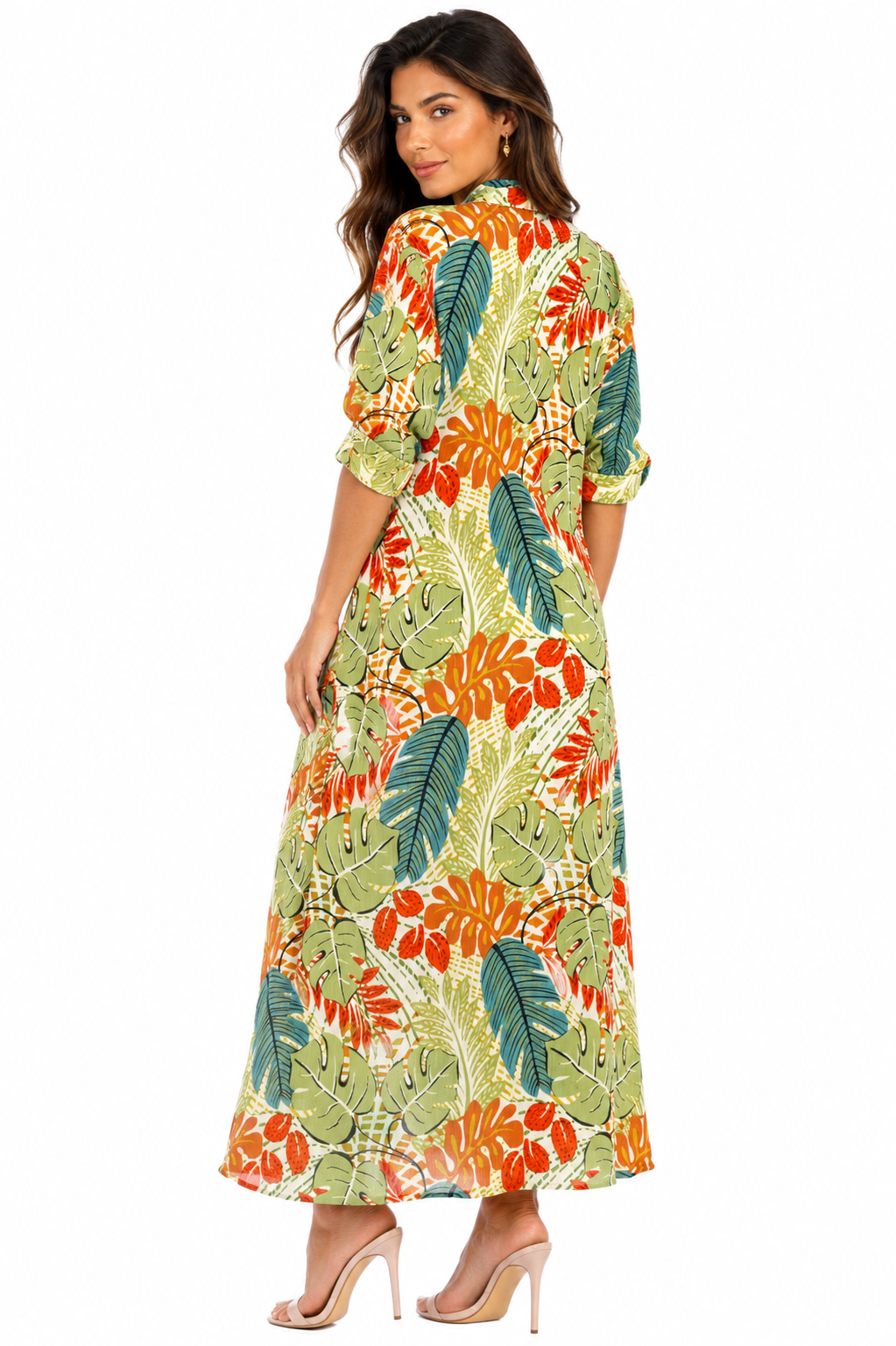 Green tropical leaf-print maxi shirt dress cover-up by Club Moda — side view