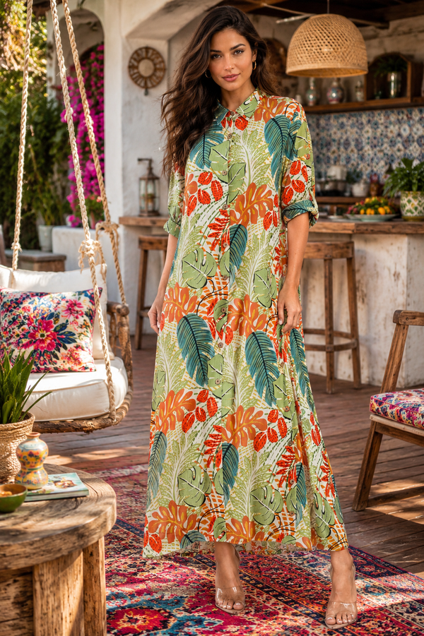 Green tropical leaf print detail on button-front maxi shirt dress by Club Moda