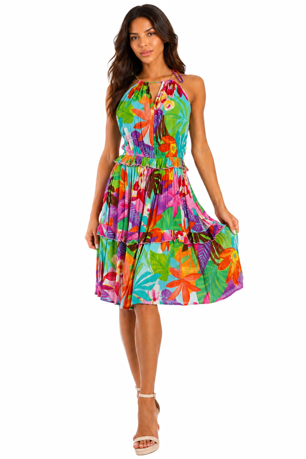 Tropical floral halter tiered mini vacation dress by Club Moda — back view