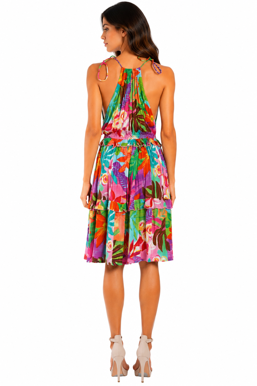 Multicolor tropical floral halter tiered mini dress by Club Moda — side view