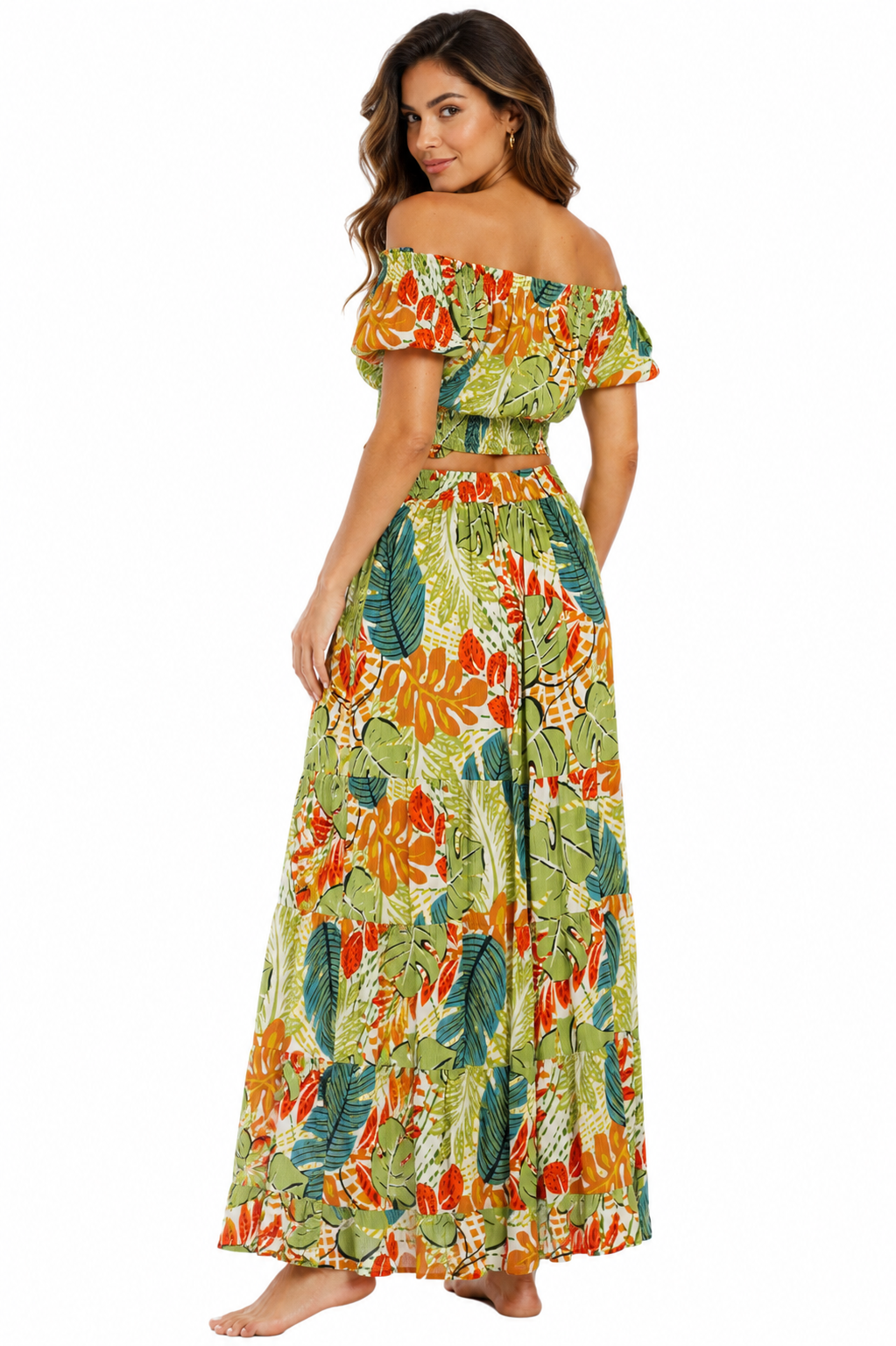 Green tropical crop top and high-slit maxi skirt resort set by Club Moda — side view