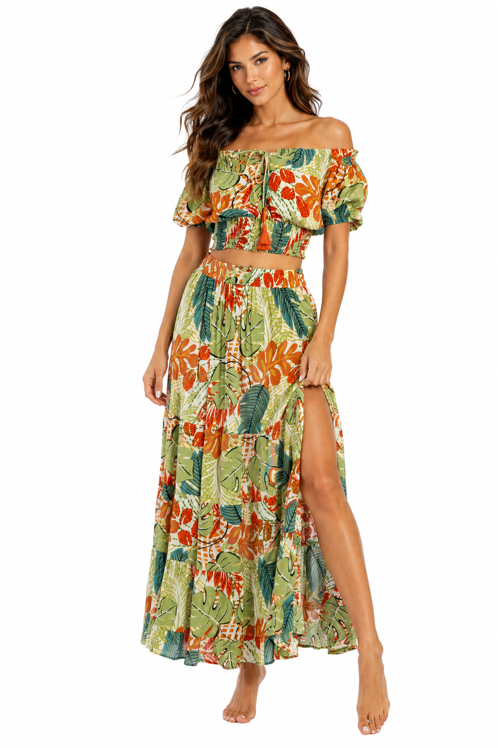 Green tropical off-shoulder crop top and high-slit maxi skirt two-piece resort set by Club Moda — front view