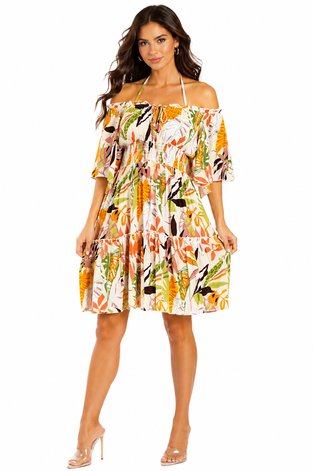 Autumn tropical off-shoulder smocked tiered mini dress by Club Moda — back view