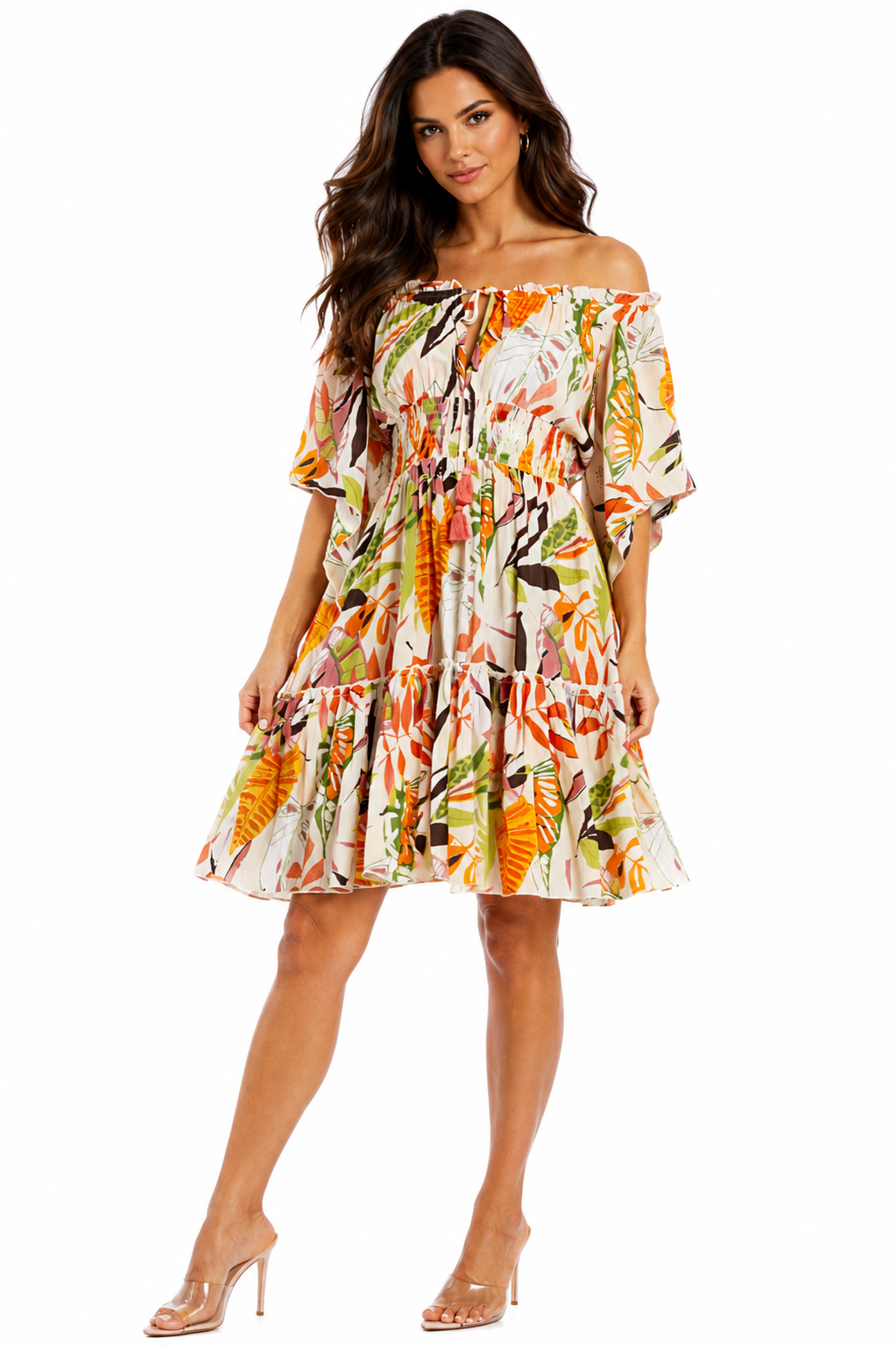 Autumn tropical floral off-shoulder smocked tiered mini boho vacation dress by Club Moda — front view