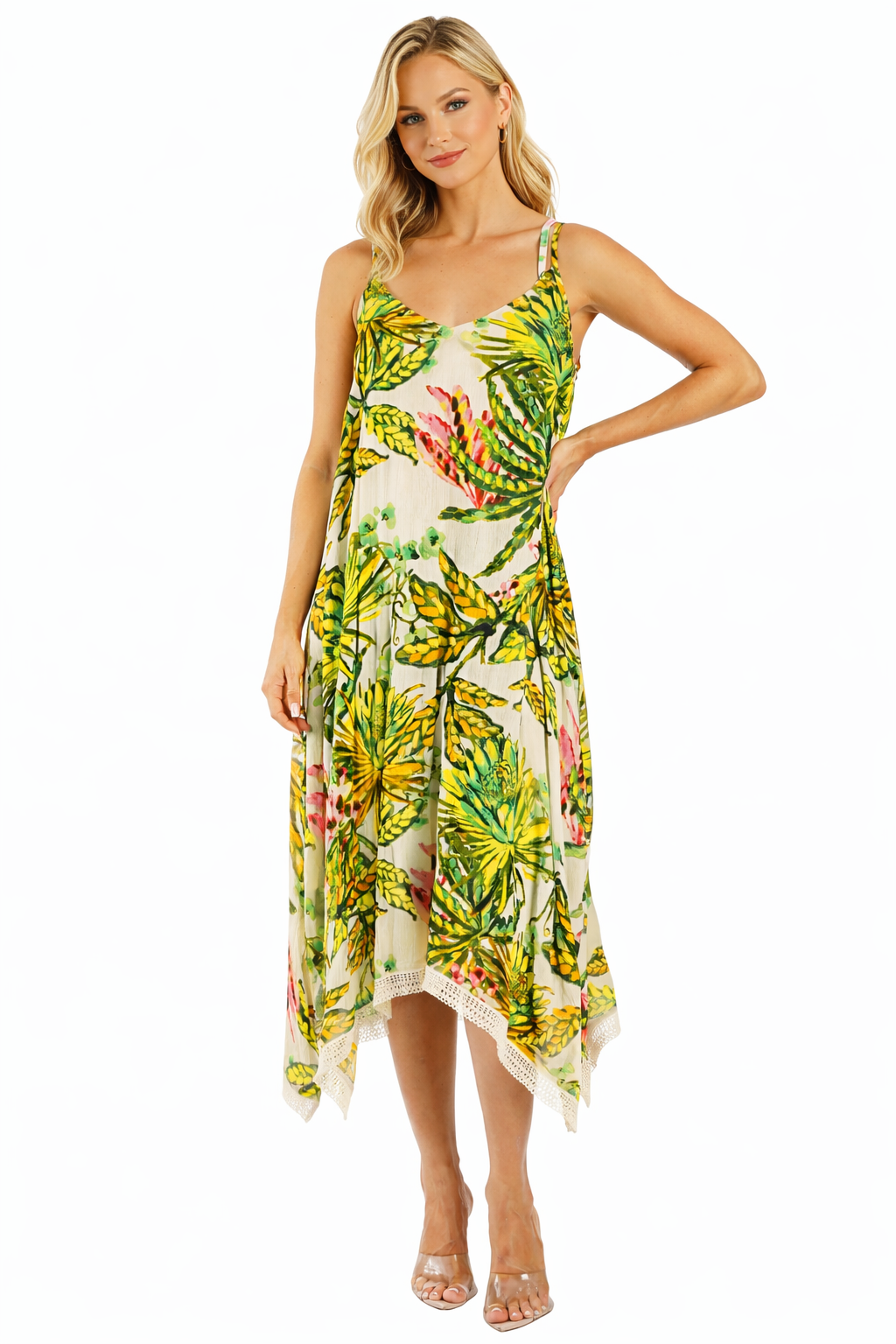 Green tropical palm print detail on handkerchief-hem midi dress by Club Moda