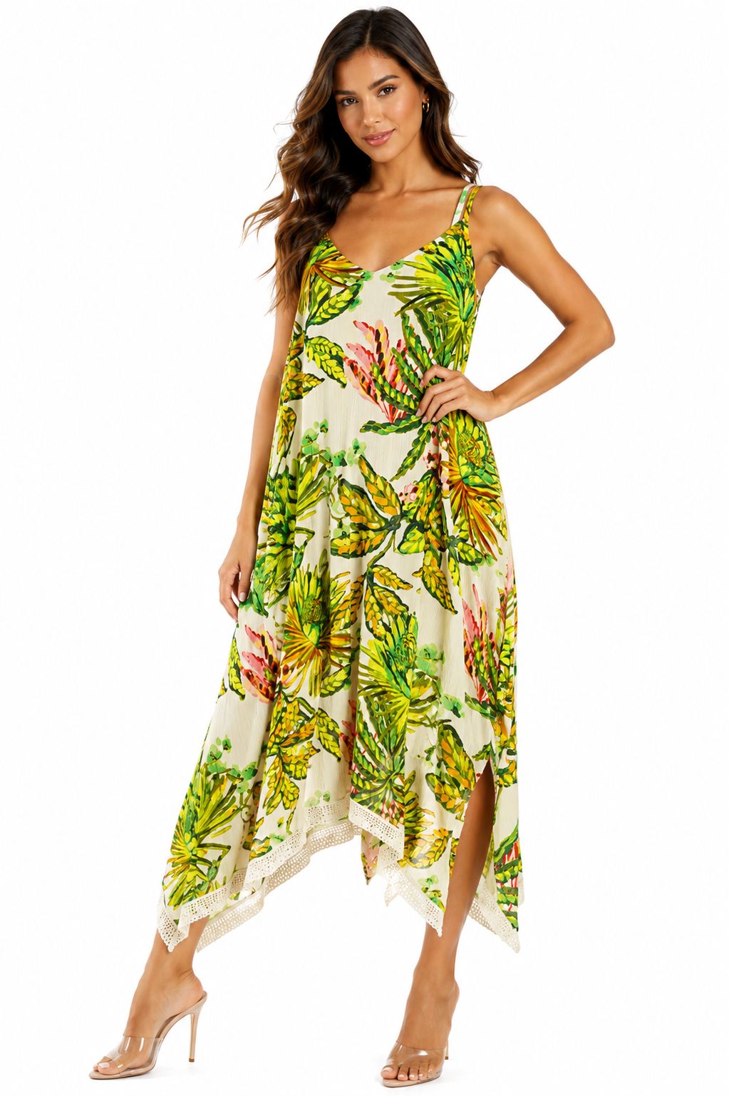 Green tropical palm-print spaghetti-strap midi dress by Club Moda — back view