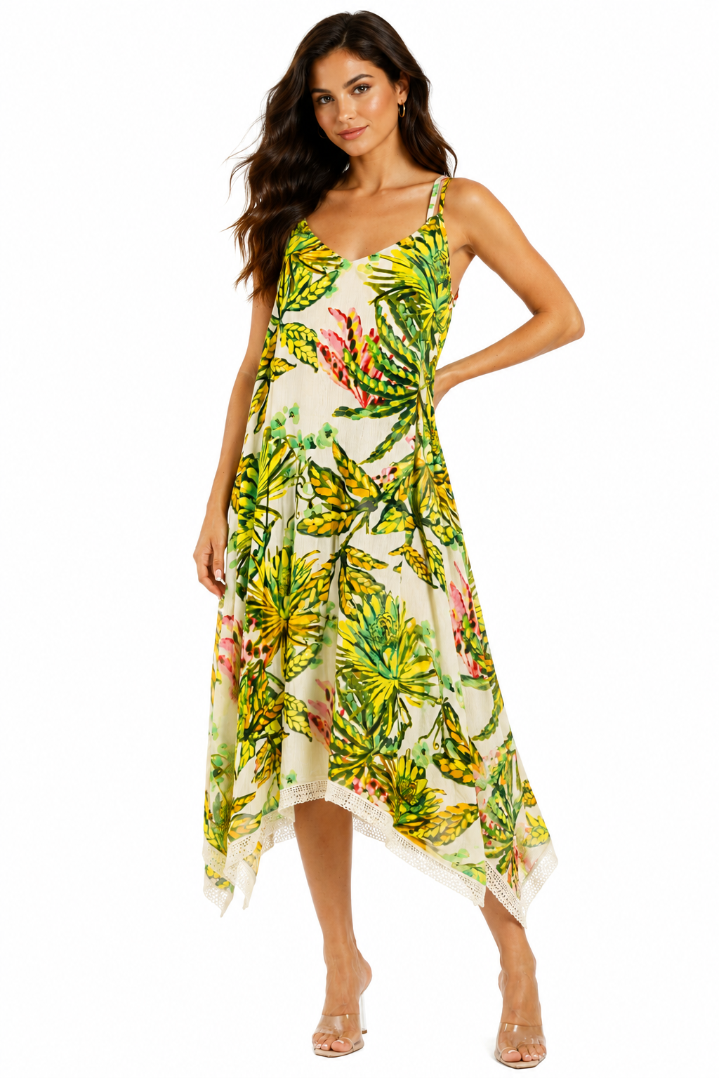 Green tropical palm-print spaghetti-strap handkerchief-hem midi beach vacation dress by Club Moda — front view