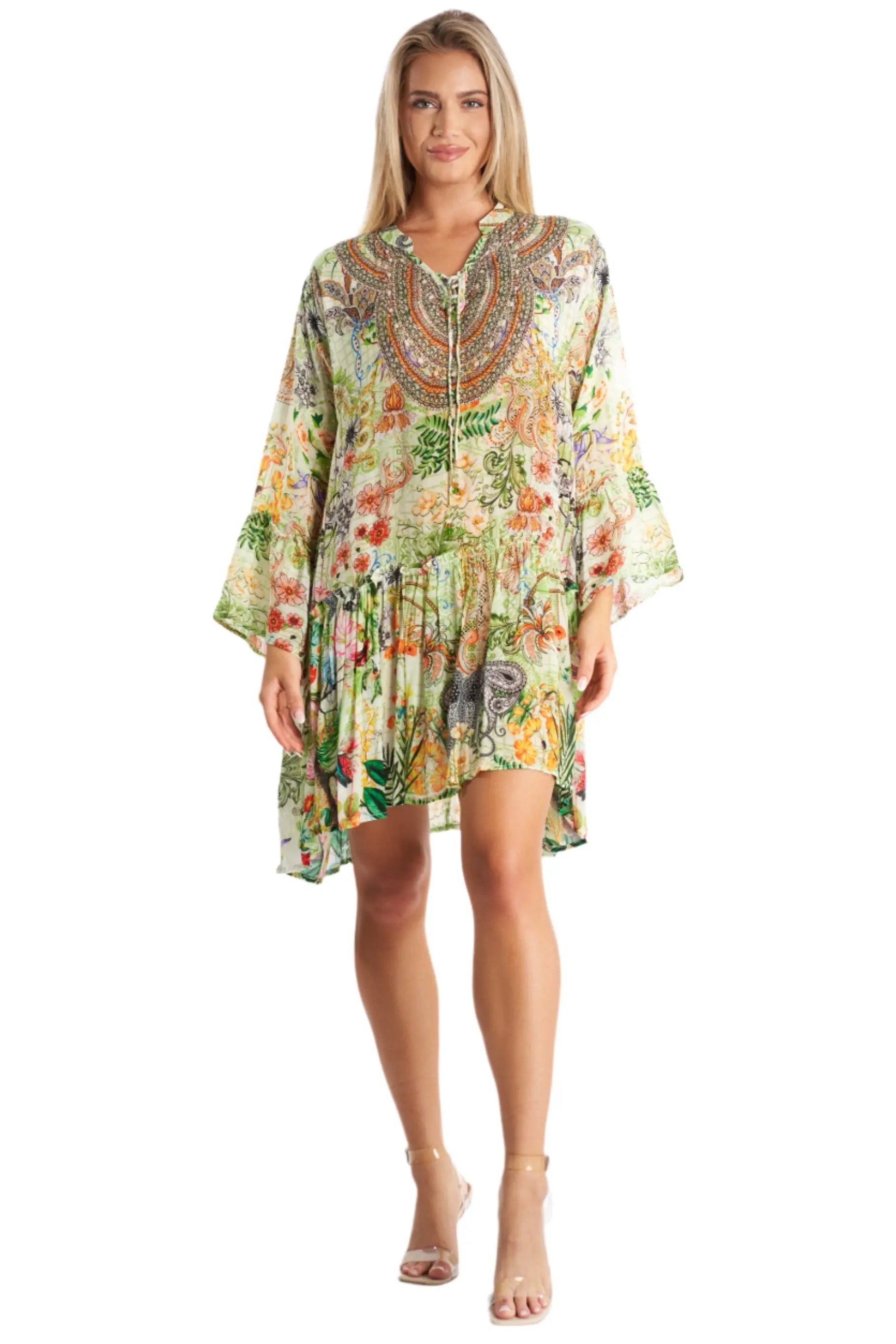 Beach ready mini resort dress women, tropical print summer mini dress, vacation mini dress asymmetrical hem, cutout ruching mini dress, resort wear mini dress Club Moda