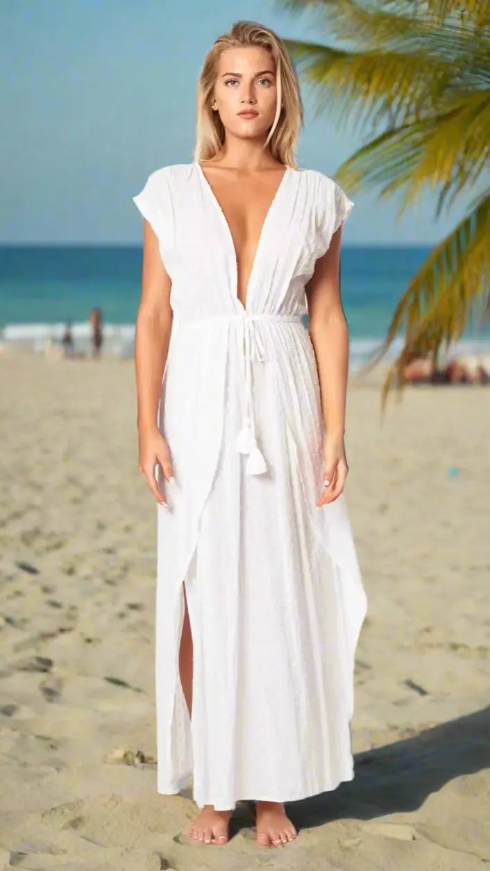 A woman stands barefoot on a sandy beach in the La Moda Clothing Slit Maxi Dress—white, sleeveless, with a deep V-neck and waist tie. Palm leaves frame the view, while ocean, sky, and distant beachgoers complete the scene.