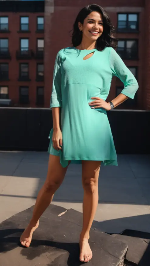 A woman with dark hair wears the Lamodaclothing South Beach Tunic Dress for Summer in light teal, featuring three-quarter sleeves and a keyhole neckline. She stands barefoot on a rooftop, smiling with her right hand on her hip, brick buildings behind her.