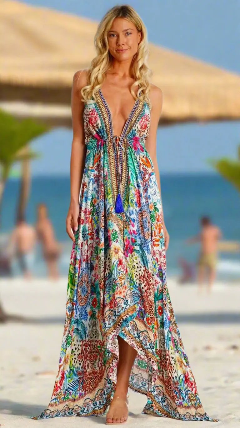 A smiling woman with long blonde hair wears the La Moda Clothing Summer Halter Dress, a colorful, flowy maxi with tassels and a deep V-neck. She stands barefoot on a sandy beach, with palm trees and the sea blurred in the background.