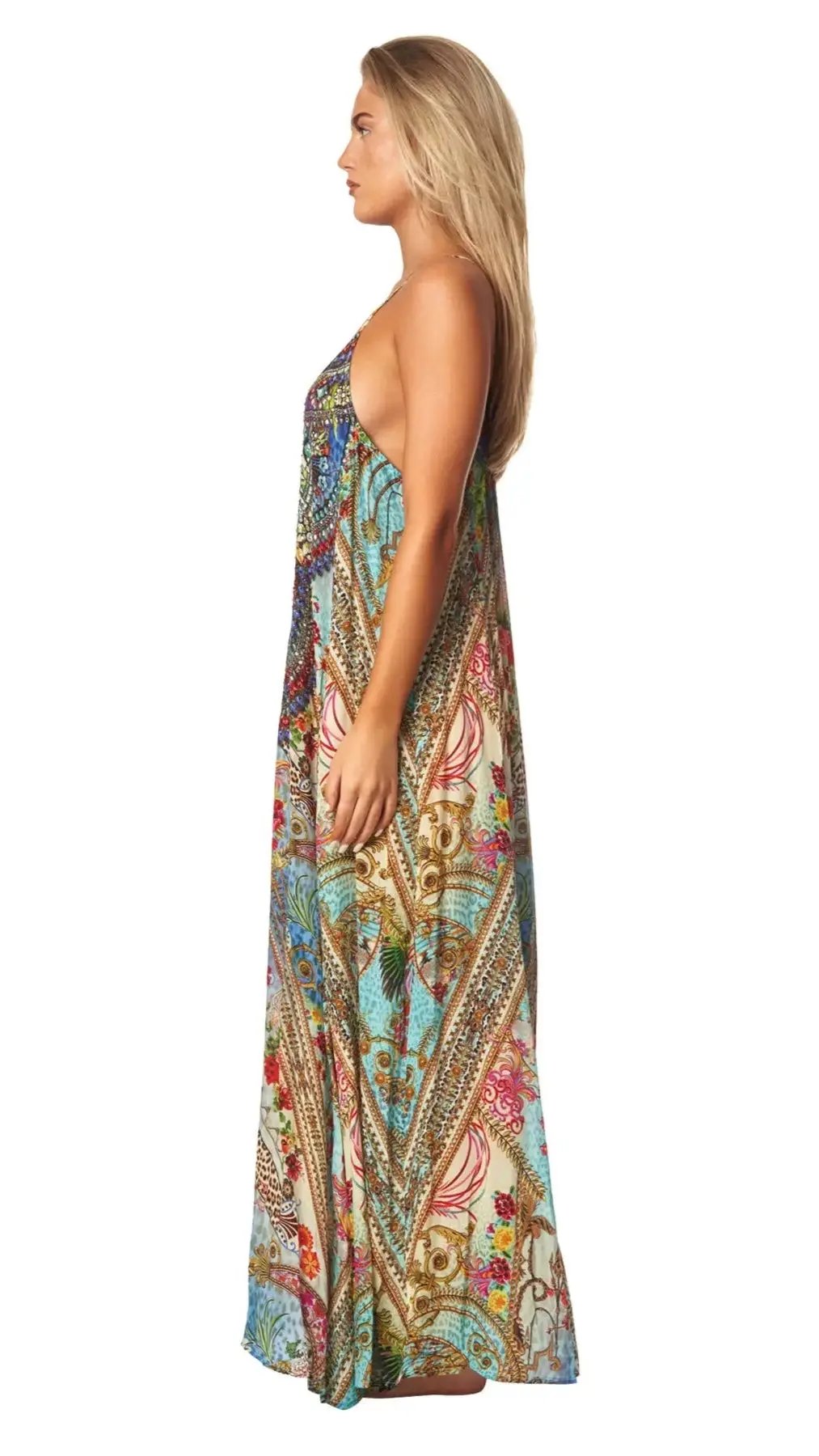 Queens Garden Bohemian T-back Maxi Dress with Front Pockets - La Moda Clothing