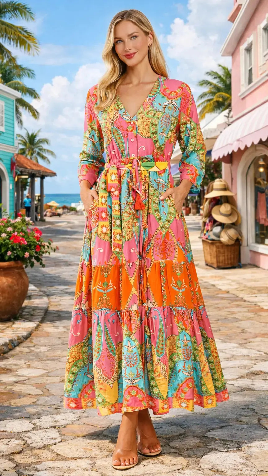 Vibrant Paisley Maxi Shirt Dress – Luxury Resort Wear Cover Up | Club Moda - Premium Resort Wear | Luxury Dresses for Vacation & Cruise | Club Moda