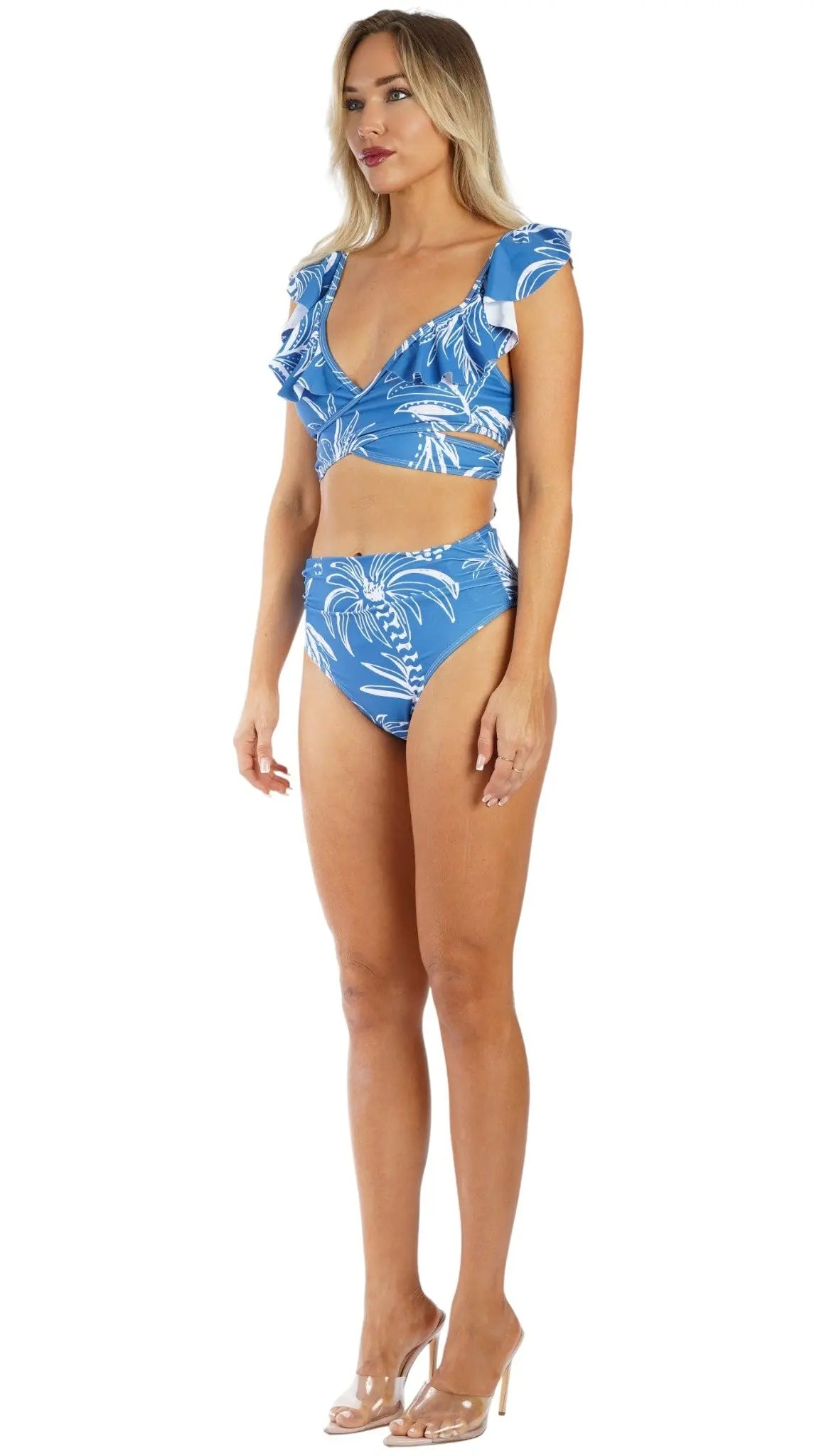Blue Tropical Print Bikini Set – High Waist Two Piece Resort Swimwear - Designer 2-Piece Swim Set | Elegant Kaftan Cover Up Dress | Club Moda USA
