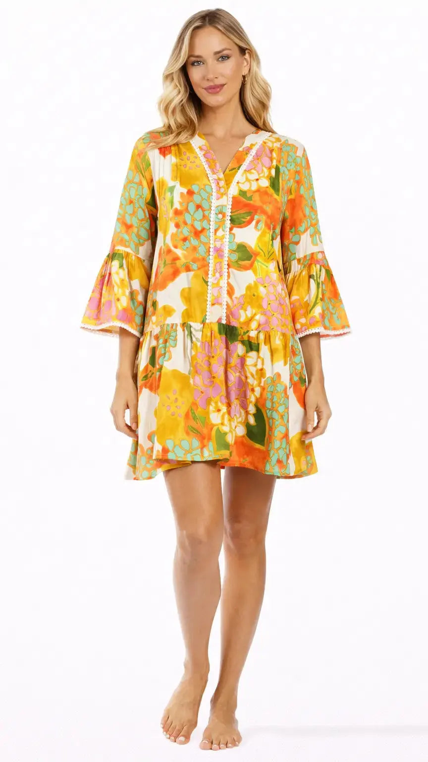 Yellow Floral Mini Dress – Luxury Resort Wear Vacation Dress - Designer Mini Dress | Elegant Kaftan Cover Up Dress | Club Moda USA