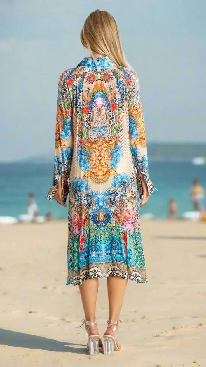 A-Line Kaftan Collar Resort Dress - Designer Caftan | Elegant Kaftan Cover Up Dress | Club Moda USA