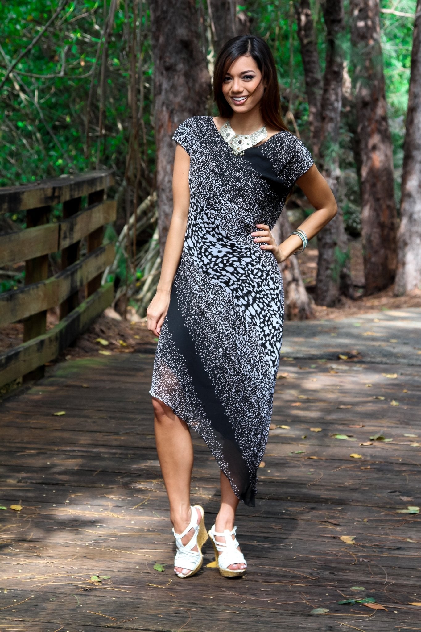 Animal-print casual summer evening dress, shown from another angle