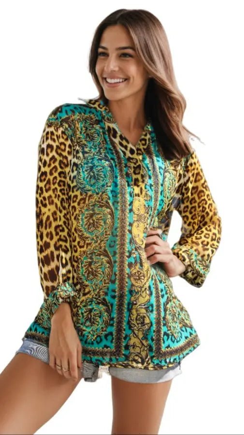 Animal print swim cover-up worn over swimwear at the beach, further view