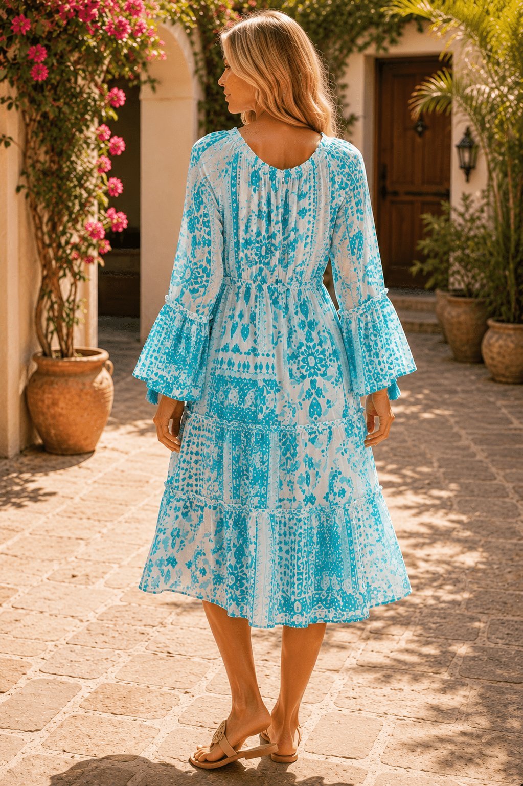 Aqua Blue Boho Tiered Midi Dress with Bell Sleeves - Designer Mini Dress | Elegant Kaftan Cover Up Dress | Club Moda USA