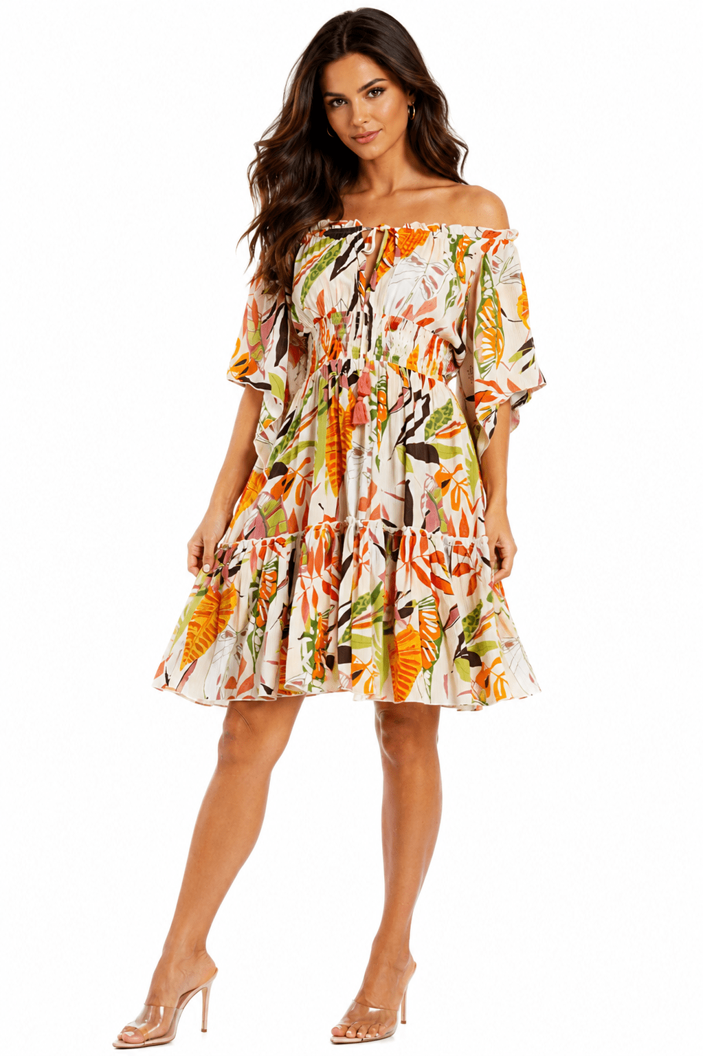 Autumn tropical floral off-shoulder smocked tiered mini boho vacation dress by Club Moda — front view