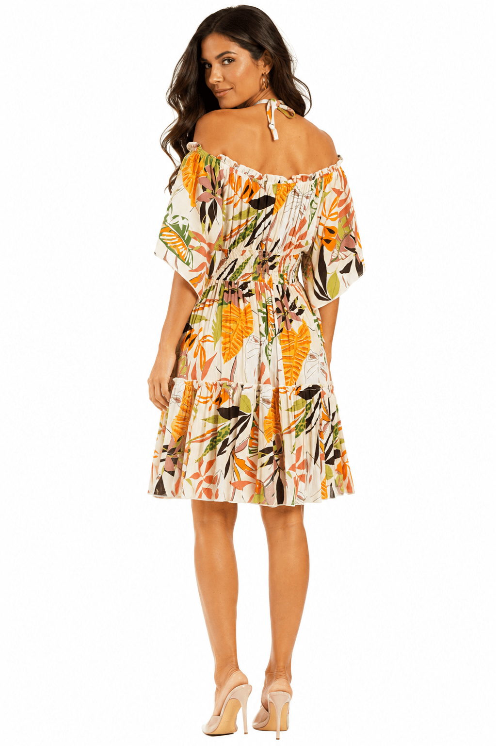 Autumn Tropical Off-Shoulder Smocked Tiered Mini Dress — Boho Vacation Dress - Designer Mini Dress | Elegant Kaftan Cover Up Dress | Club Moda USA