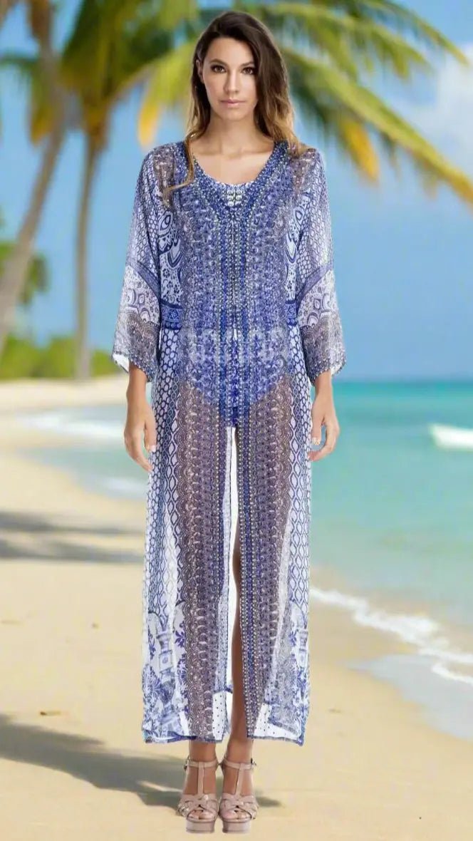 Balearic Beauty Long Cape Kimono - Designer Kimono | Elegant Kaftan Cover Up Dress | Club Moda USA